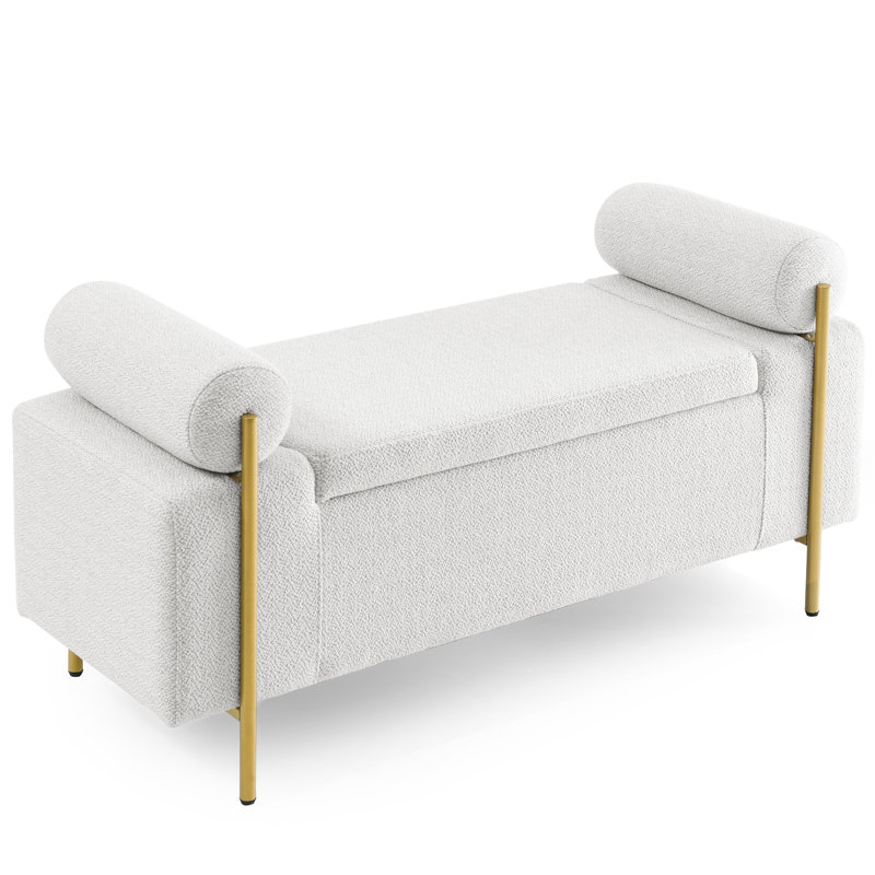 Upholstered Linen Storage Bench With Cylindrical Arms & Strong Wooden Frame - White For Bedroom, Living Room, Hallway Soft Iron Legs