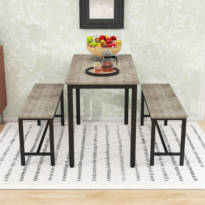 Compact 3-Piece Dining Table Set for 4 – Stowable Benches for Small Spaces, Gray