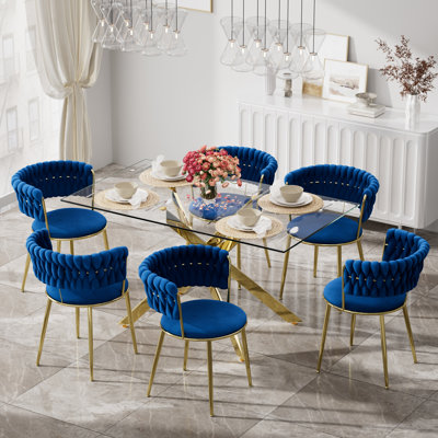 Clear Rectangle Pedestal Dining Set with Weaven Velvet Dininig Chair