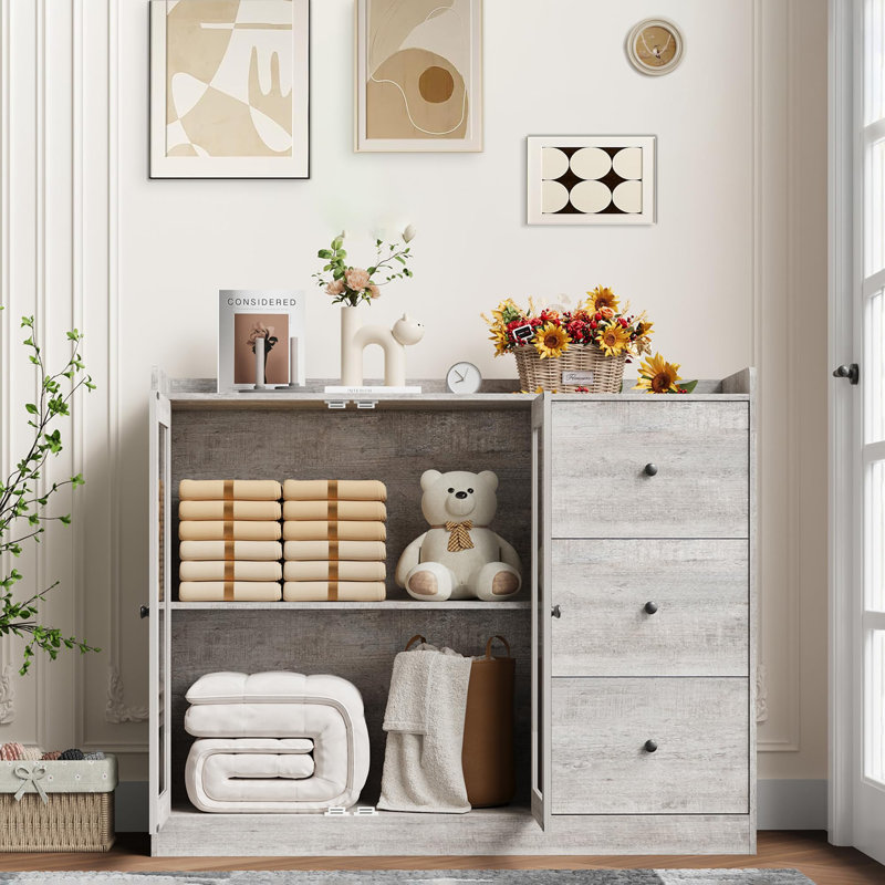 Buffet avec rangement, armoire de cuisine moderne 43 po avec garde-corps et tablettes réglables, Gris