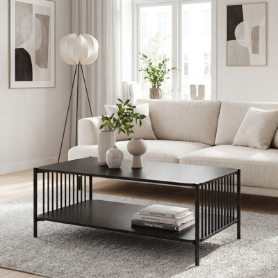 Rectangular Oak-Effect Coffee Table with Storage Shelf and Black Metal Frame