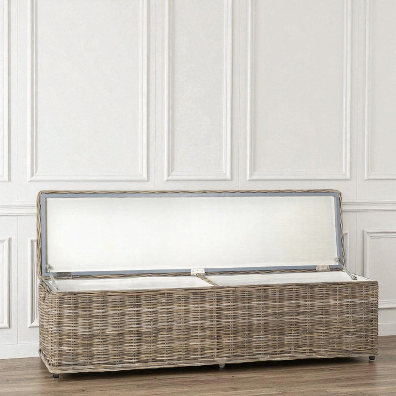 63''W Rustic Storage Bench, Stylish Natural Grey Rattan Bench with Handle for Stowing Blanket & More