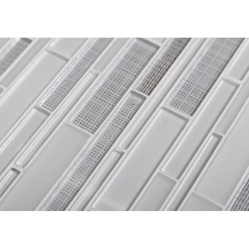 11.8" x 12.2" Glass Mosaic Tile, White/Silver