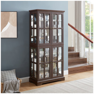 Vitrine antique en cerisier avec portes en verre, tablettes réglables et éclairage DEL