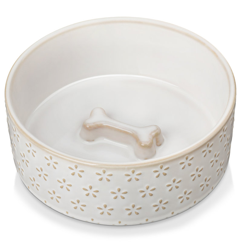 Flower Embossed Pattern Anti-skid Stoneware Dog Bowl, 1080ml