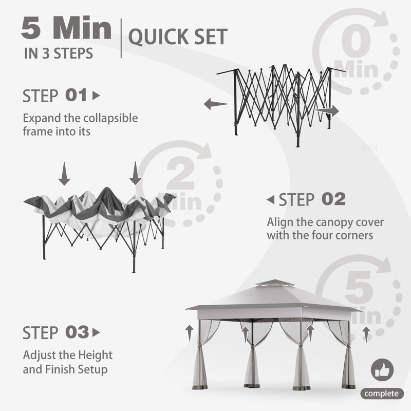 11 Ft. W X 11 Ft. D Metal Pop-up Gazebo With Mosquito Netting, Light Gray