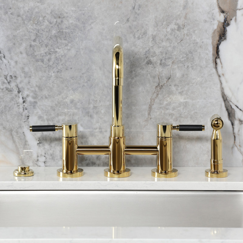 Kingston Brass Kaiser Two-Handle 4-Hole Deck Mount Bridge Kitchen Faucet with Brass Side Sprayer, Polished Brass