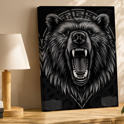 Toile au centre de l'image, art mural noir stylisé féroce La tête d'ours domine sa bouche