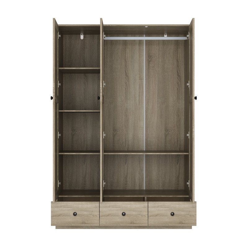 Modern 3-Door Wardrobe With Rattan Panels, Spacious Drawers, And Adjustable Shelving For Bedroom Organization