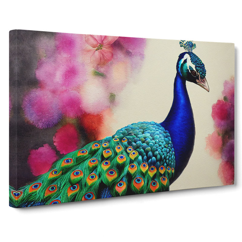 Peacock Watercolour - Wrapped Canvas, 50cm H x 76cm W x 3cm D