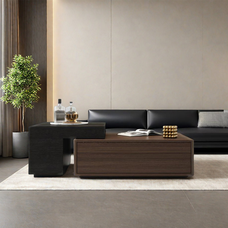 Table basse carrée de style luxueux, Noir / bois brun foncé