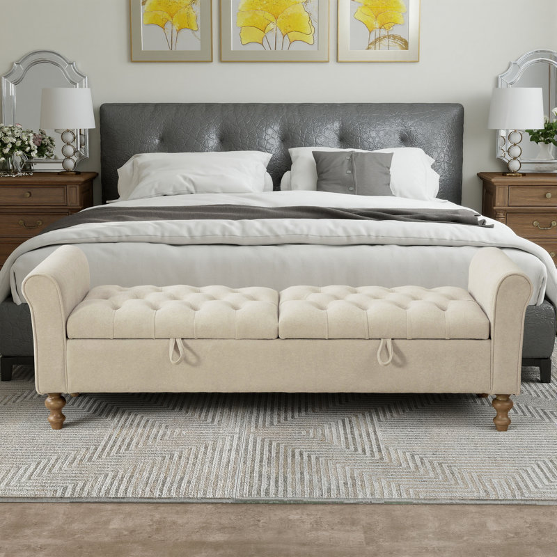 Upholstered Button-Tufted Storage Bench With Double Lids, Griege