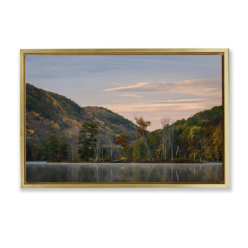 Cadre flottant avec reflet de la nature, par James Rodewald, H 21 po x l 31 po, Cadre flottant métallique doré