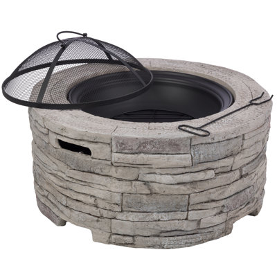 27.56” Outdoor Fire Pit with Faux Brick Look - Outdoor Firepit Includes Spark Cover, Log Grate, Poker, and Cover - Durable Magnesium Oxide Bonfire for Patio Decor, Backyard, Gray