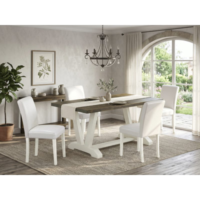 5-Pc Modern Table Set Includes a Distressed Jacobean Dinner Table and 4 White PU Leather Dining Chairs with High Back - Wire Brushed Linen White.
