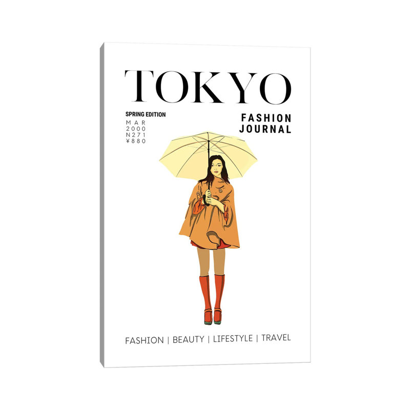 Tokyo Japanese Fashion Magazine Cover With Girl Holding Umbrella by Design Harvest - Wrapped Canvas Print