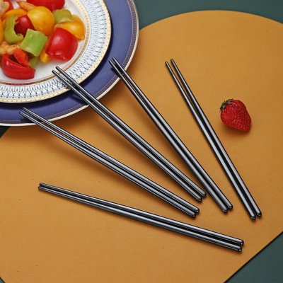 10 Pairs Reusable Chopsticks, Titanium Black Plating Stainless Steel Metal Chop Sticks, Japanese Chinese Korean Chopstick Dishwasher Safe, 8.9 Inch (Black / Chop Sticks)