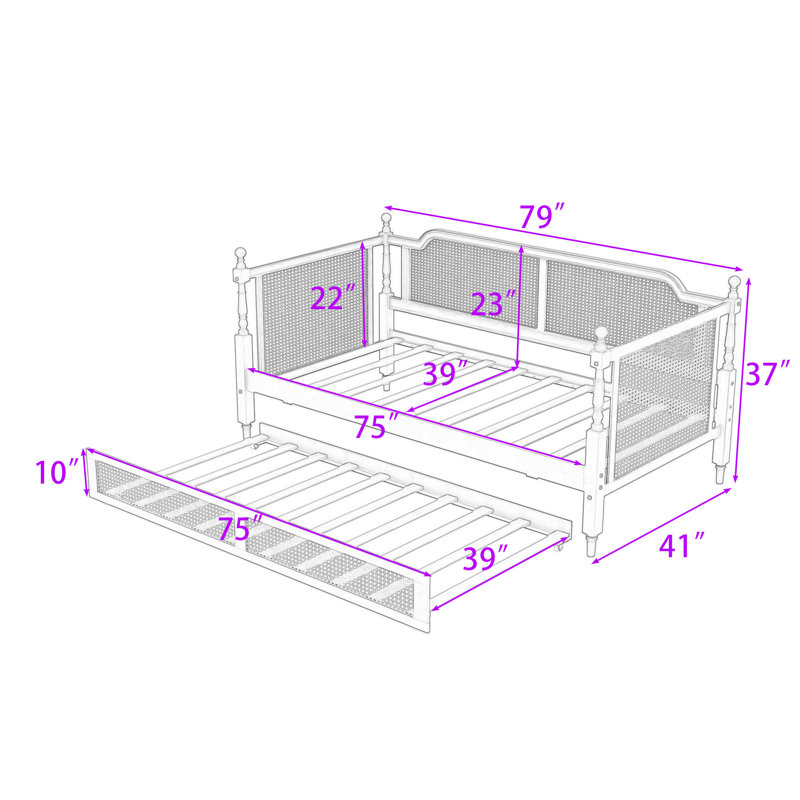 Wood Daybed with Rattan Headboard and Trundle, Twin, Antique Walnut