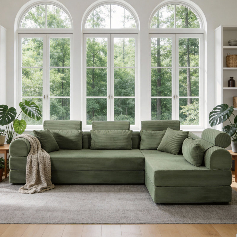 108" L-shaped Modular Sectional Sectional Sofa, Corduroy Sleeper Couch Bed, Compression Foam Sectional with Headrest - No Assembly Required