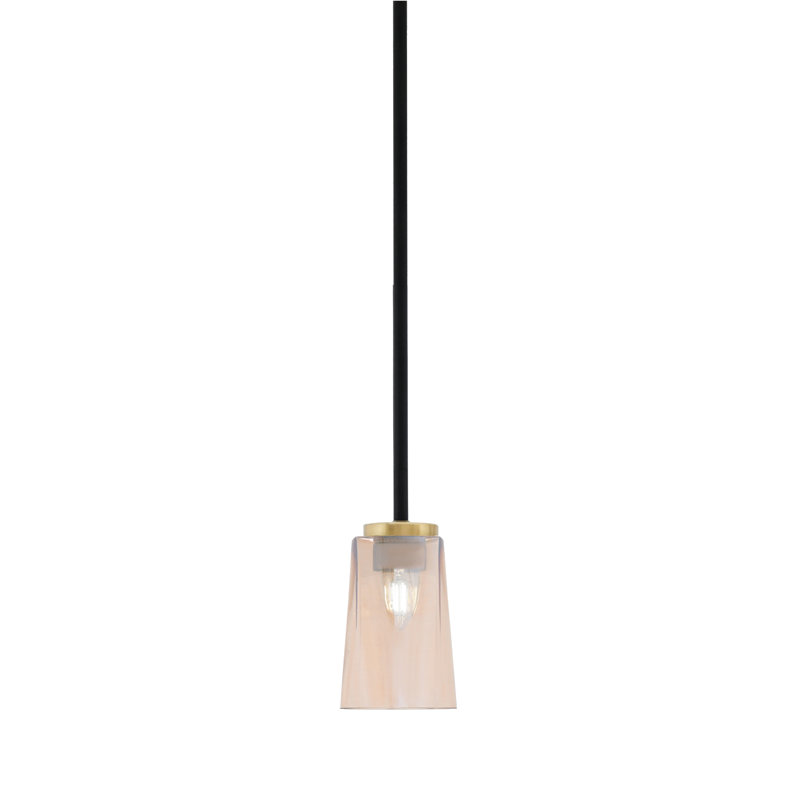 Suspension Anna Stem Hung Mini présentée en finition noir mat et laiton New Age avec verre ambré dégradé de 11,4 cm de large x 16,5 cm de hauteur