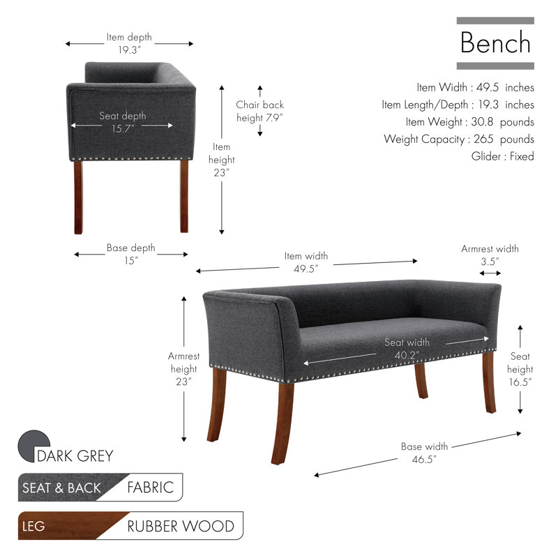 Amaiya Upholstered Bench, Dark Grey