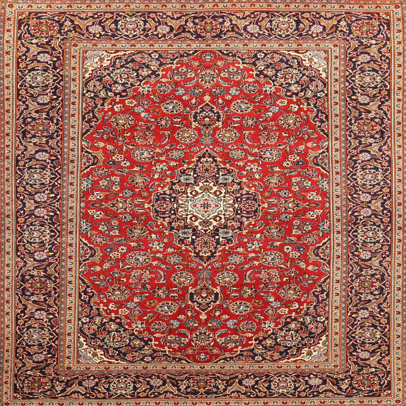 Tapis rouge/beige/noir traditionnel, Rond 7 pi