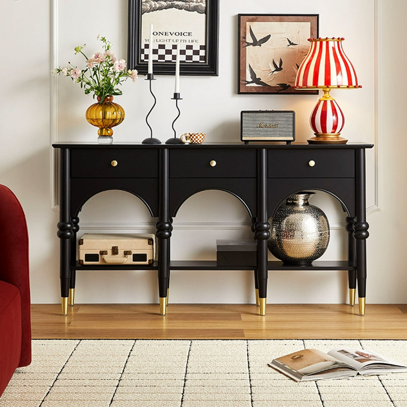 59.06" Brown Rectangular Solid Wood Console Table, Black, 31.89" H x 59.06" W x 13.78" D