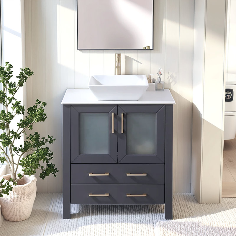 Meuble-lavabo autoportant moderne 30 po gris foncé avec plateau en céramique