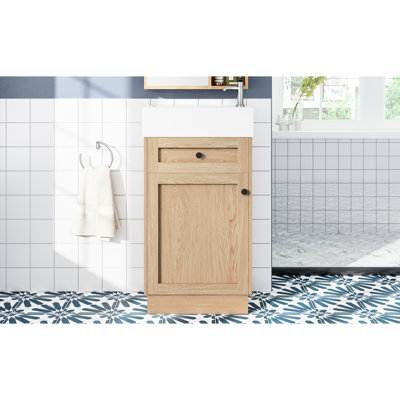 Meuble-lavabo de 18,5 po de style rustique avec lavabo en résine réversible, fabrication d'armoire, tablette intérieure réglable pour une solution de rangement personnalisée, poignées élégantes en alliage de zinc, surface à grain de bois, conception à fermeture en douceur