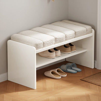 87 cm Beige Shoe Bench for Two with Open Storage and Cushioned Seat