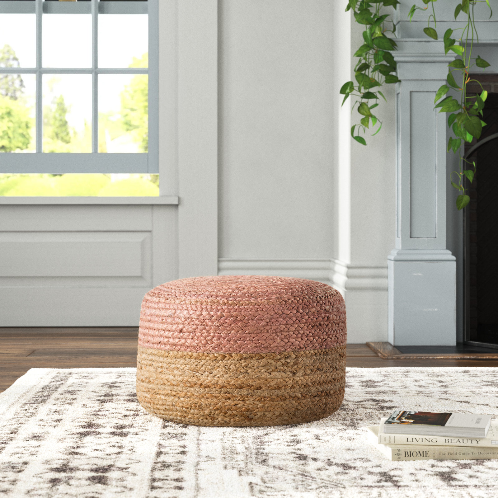 Teele 18" Pouffe, Light Pink/Beige