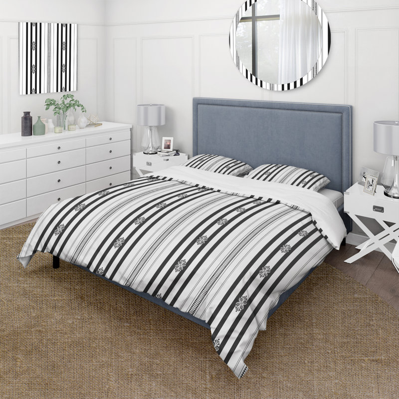 Ensemble de housse de couette traditionnel noir à fines rayures V - noir, Housse de couette pour grand lit et 2 taies décor
