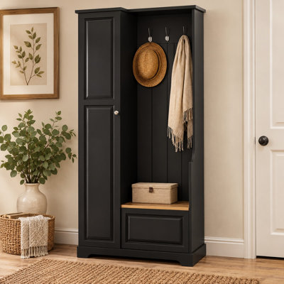 70" Modern Hall Tree with Flip-Up Storage Bench, 3 Hooks, Adjustable Shelves & Shoe Cabinet for Entryway and Mudroom