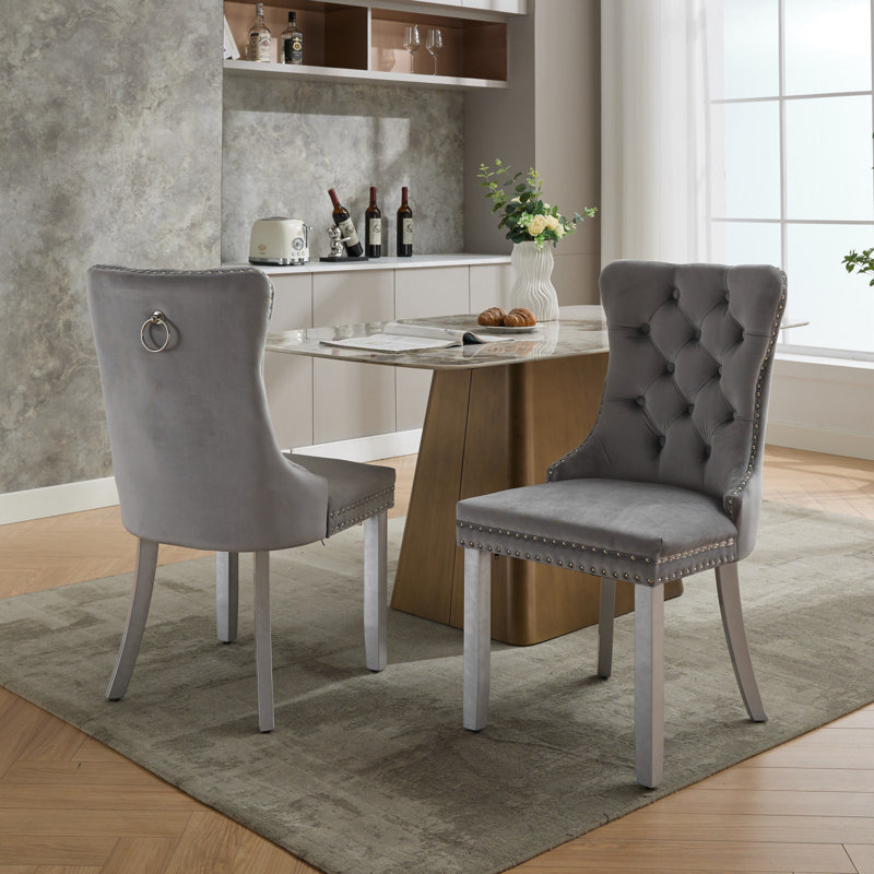 Chaises capitonnées Allena , Argent, Velours gris, 2