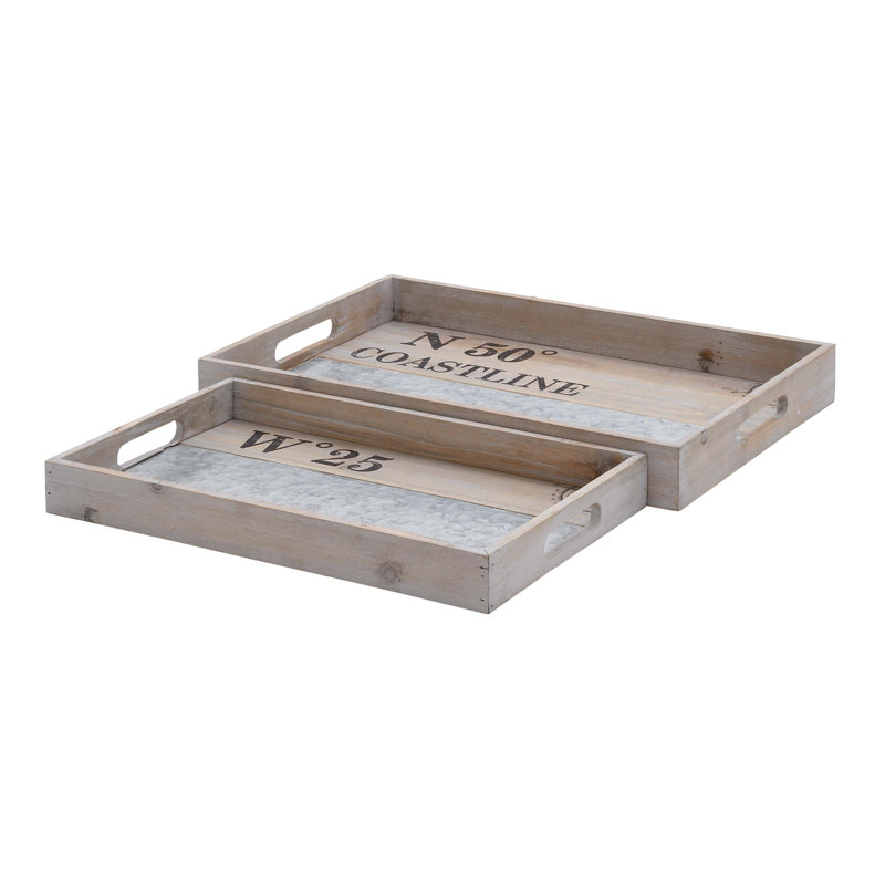 Wood Decor Brown Tray with Metal Stripe Set