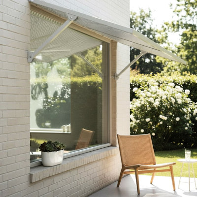 Auvent en métal blanc 4,6 pour l'extérieur, construction en aluminium léger, finition thermolaquée contemporaine, charnière continue avec solin intégré, installation facile, quincaillerie en acier inoxydable