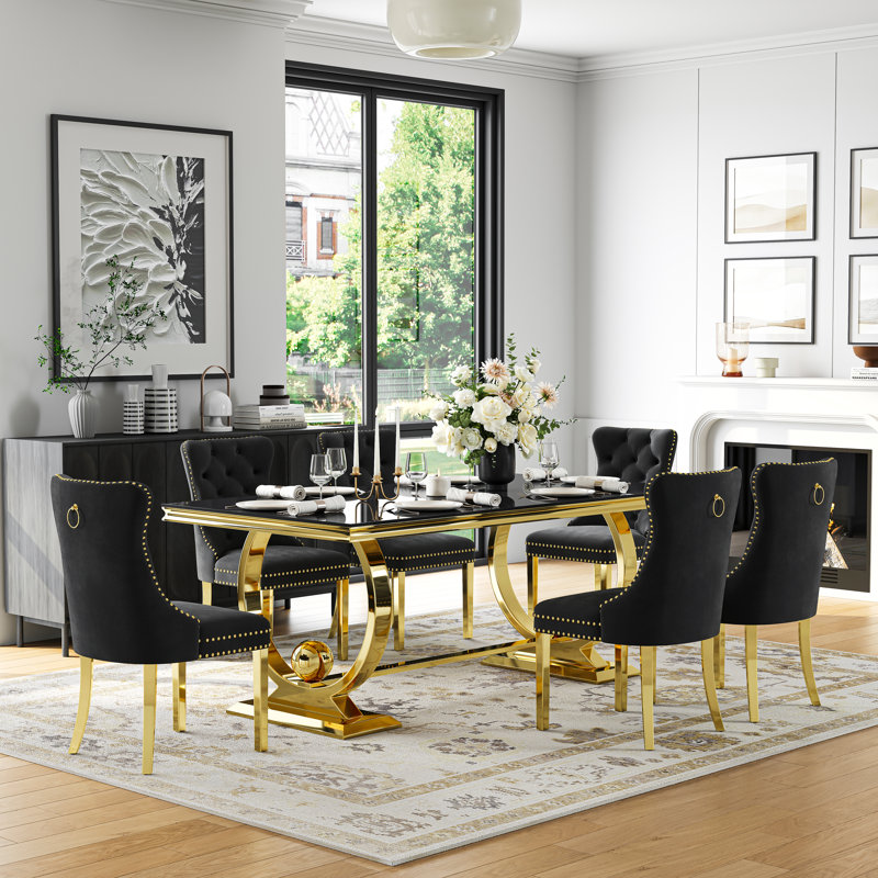 70" Glass Dining Table Set Of 7, Double U-Shaped Polished Stainless Steel Base, 10Mm Thick Tempered Glass Top And Velvet Upholstered Nailhead Chairs