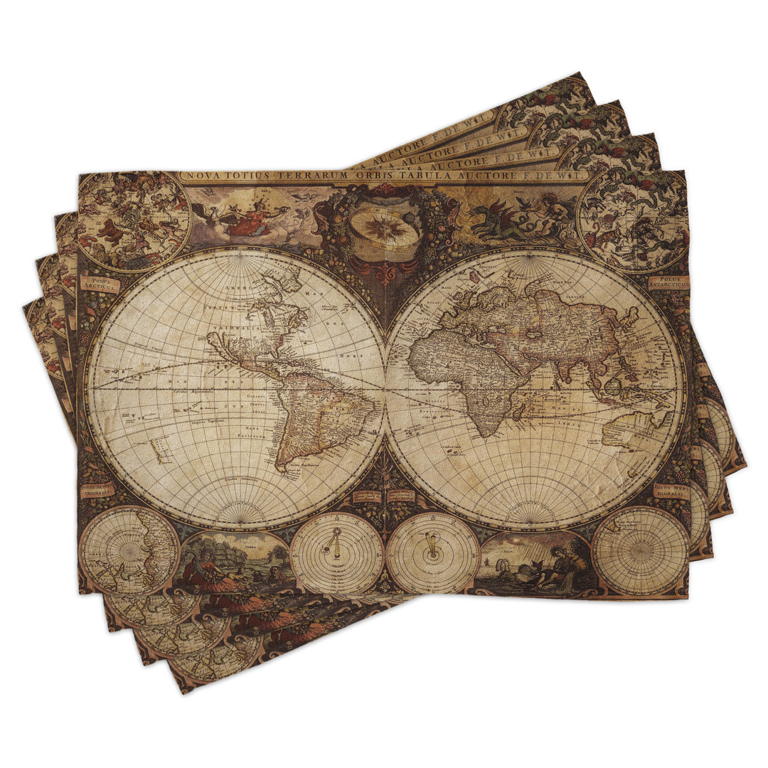 Platzdeckchen 4er-Set, Historischer Alter Atlas, Multicolor