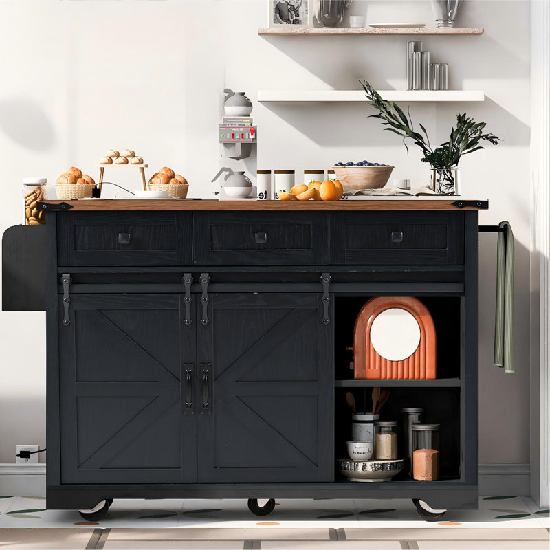 53.7" Farmhouse Kitchen Island With Drop Leaf, Power Outlet, Sliding Barn Doors & Spice Rack, Black, Black