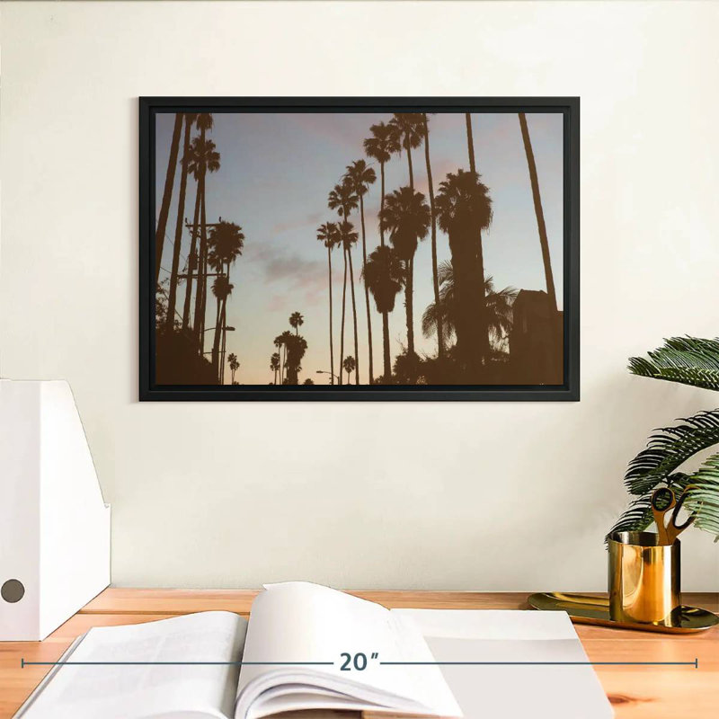 Silhouette des palmiers de Los Angeles, Cadre flottant noir, 13 po x 9 po