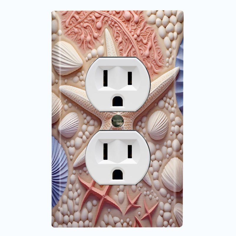 Metal Light Switch Plate Outlet Cover (Ocean Pink Sea Shell Star Fish - Single Duplex)