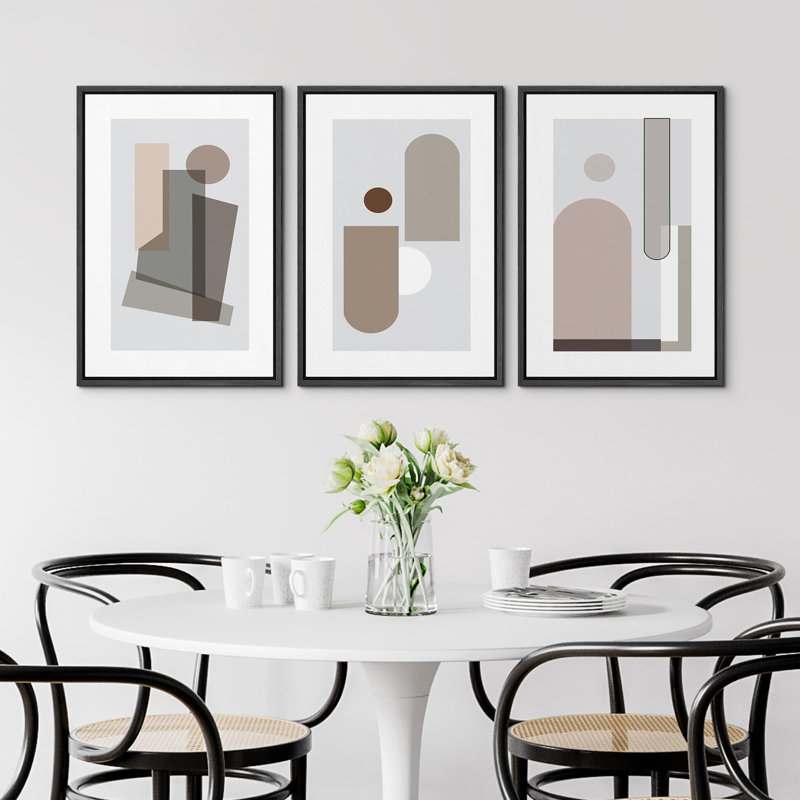 Abstract Geometry " Grey Transparent Mid Century Polygons Abstract Shapes Modern Art Contemporary " 3 - Pieces, Noir