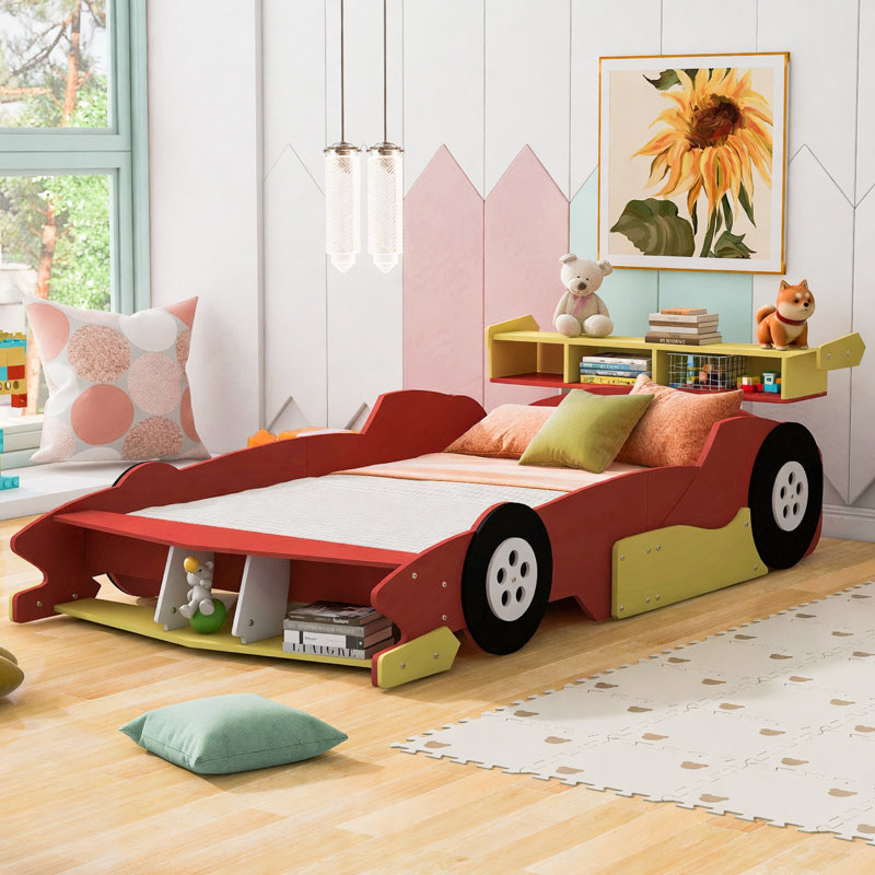 Lit plateforme double en forme de voiture de course avec roues, rouge, Rouge, Lit double
