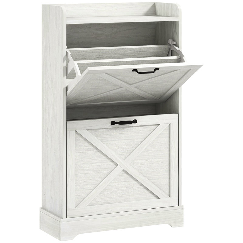 Entryway Shoe Stand, 2 Flip Drawers & Adjustable Shelves, Holds 8 Pairs, Distressed White Design Cabinet, Inspired Hidden Storage With Fits