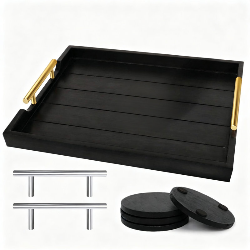 Plateau en bois noir avec deux poignées et 4 sous-verres pour repose-pieds de table basse
