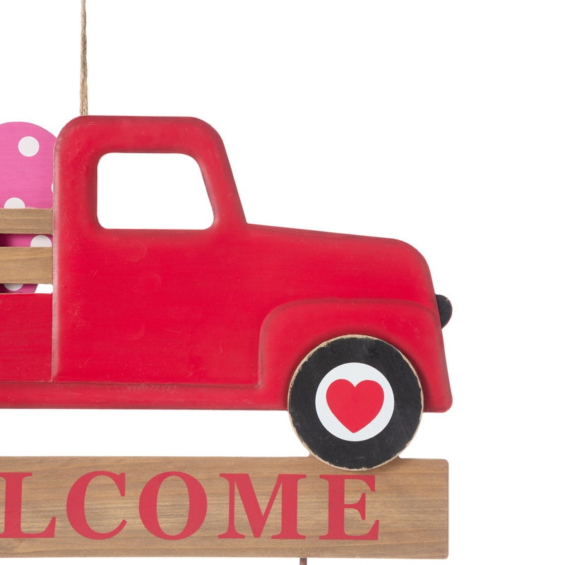 Red Metal and Wooden Valentine's Truck Yard Stake with Hearts