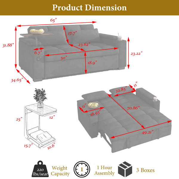 Latitude Run® 65'' Folding Convertible Sofa Bed,3-In-1 Pull Out Couch ...