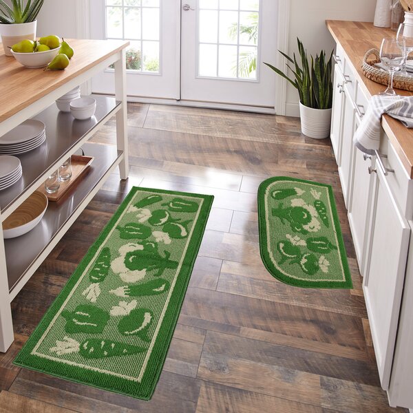 Green Kitchen Rugs for Floor 2 Piece 18”X30”, Non Skid Washable Kitchen  Mats, Absorbent Standing Rug, Throw Rug,Half Circle Carpet for Sink,Laundry