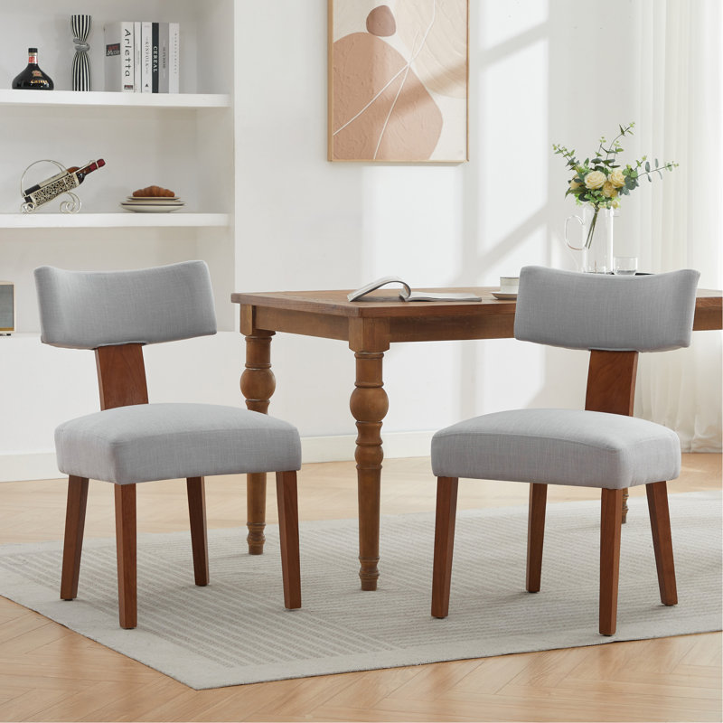 Ensemble de 2 chaises de salle à manger sans accoudoirs modernes en lin avec dossier incurvé et pieds en bois massif pour le salon, gris