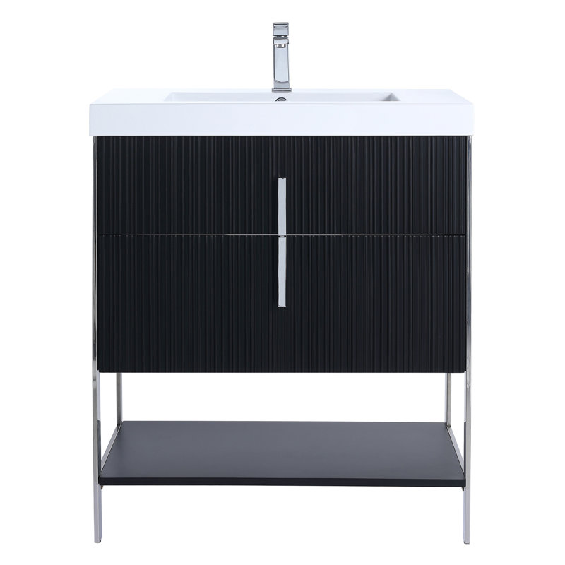  Meuble-lavabo moderne avec plateau en gel acrylique blanc Serenity, Noir mat / chrome, 30", Blanc
